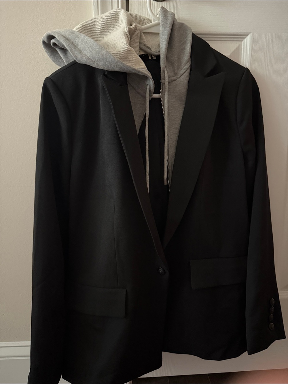 Elan Black Blazer with Gray Hoodie Layered Look